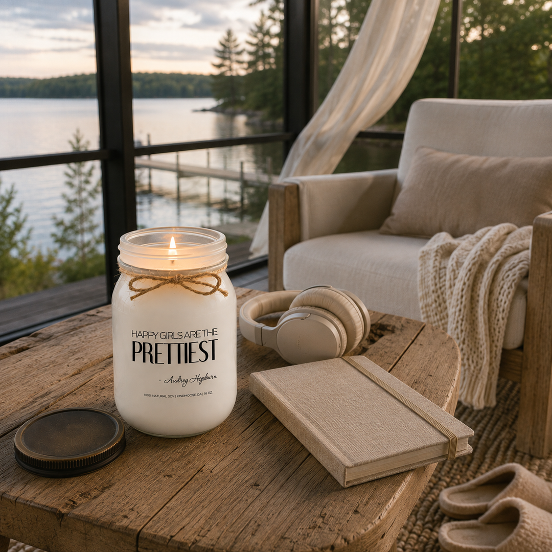 Burning KINDMOOSE Happy Girls Are the Prettiest soy candle in a peaceful lakeside setting designed to evoke relaxation, happiness and time for yourself.