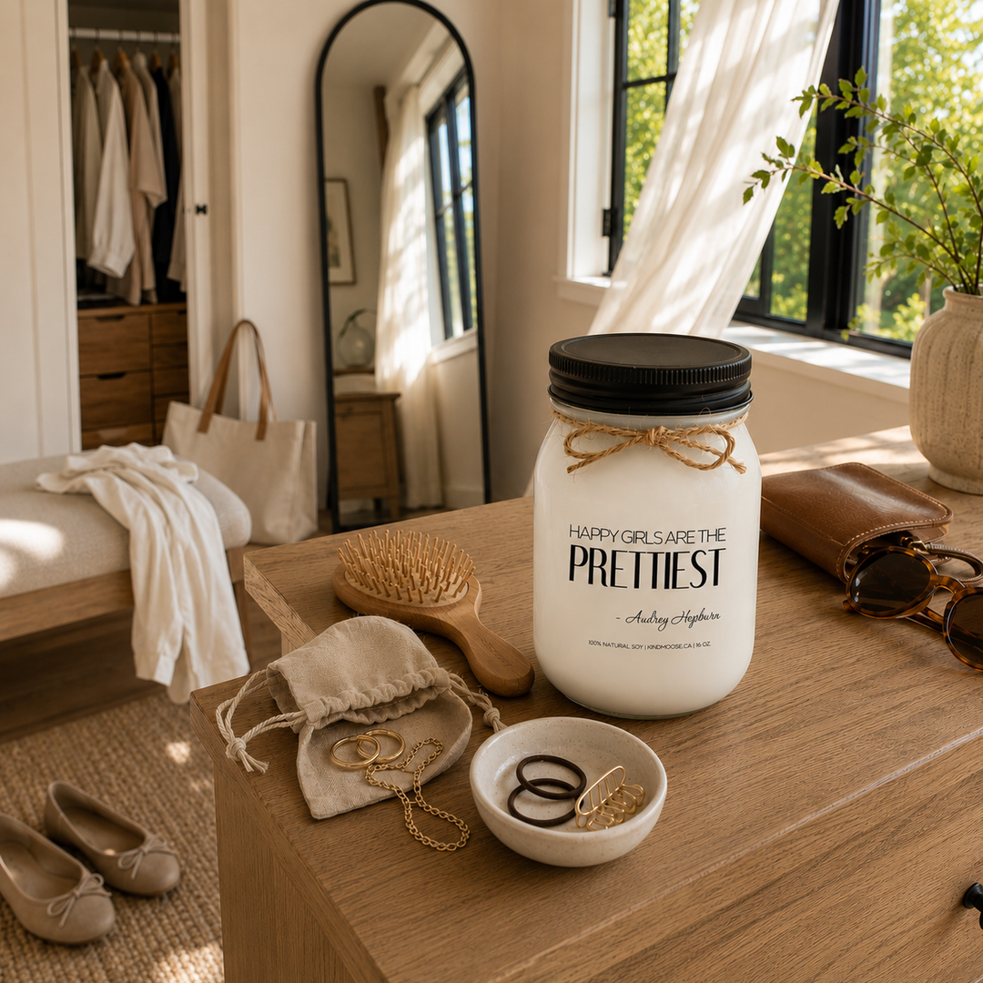 KINDMOOSE Happy Girls Are the Prettiest soy candle on a bedroom dresser during an easy Saturday morning getting-ready ritual.