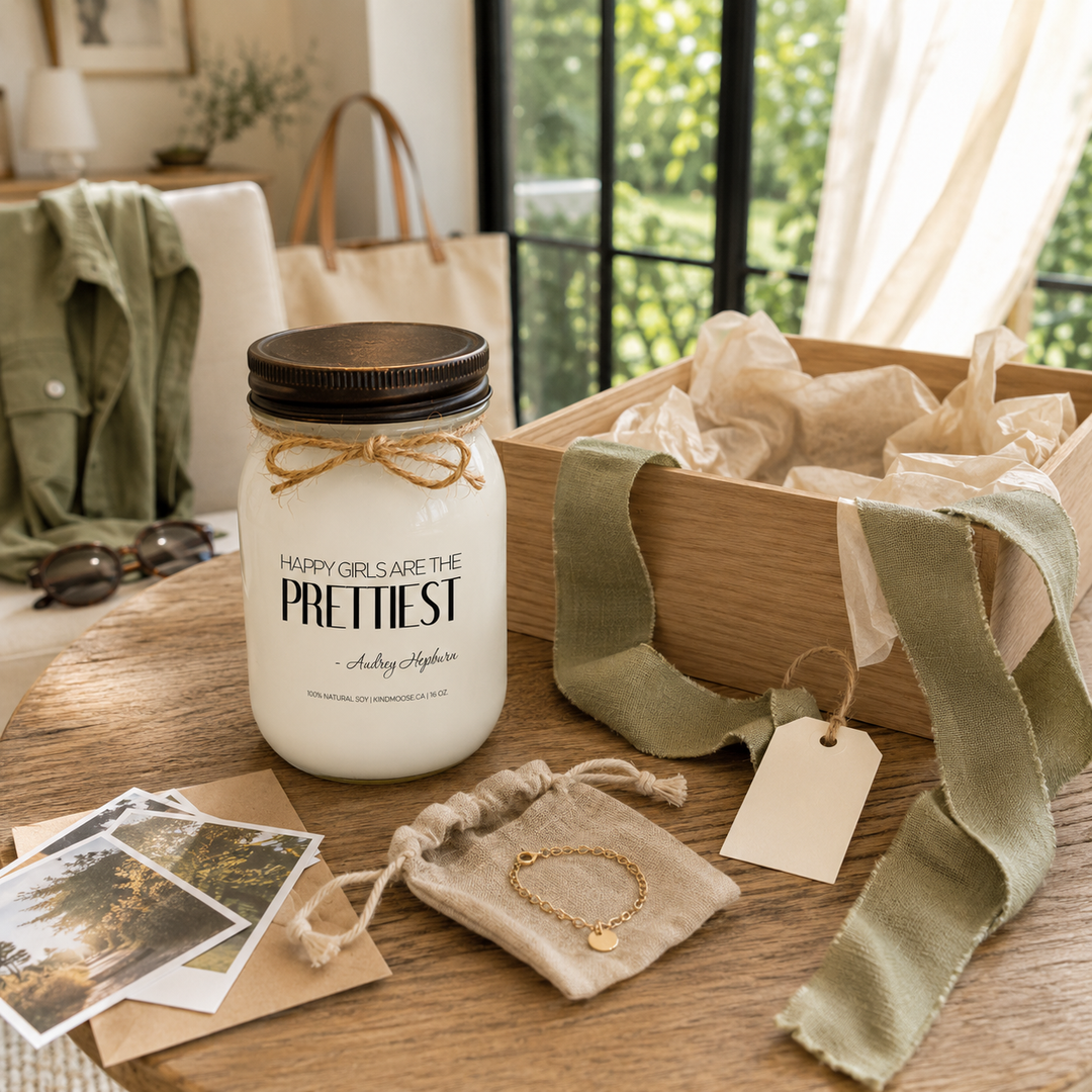 KINDMOOSE Happy Girls Are the Prettiest soy candle prepared as a thoughtful friendship gift with an open gift box, ribbon and keepsakes.