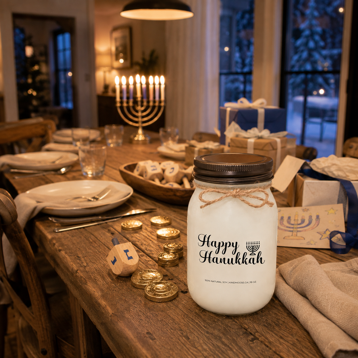 KINDMOOSE Happy Hanukkah 16 oz candle with distressed bronze lid on a family dining table during a warm Hanukkah celebration.