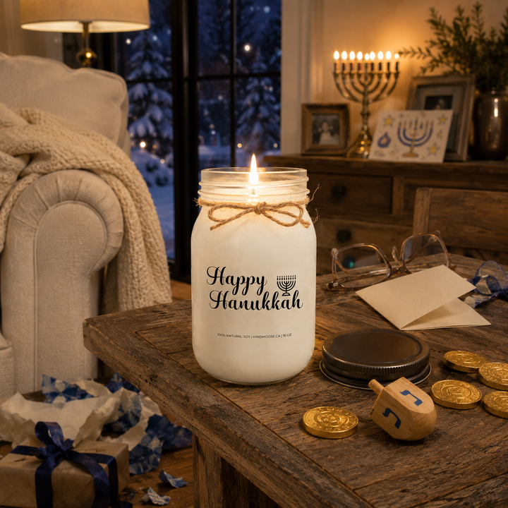 Burning KINDMOOSE Happy Hanukkah 16 oz candle beside dreidel and gelt in a cozy family room after a Hanukkah celebration.