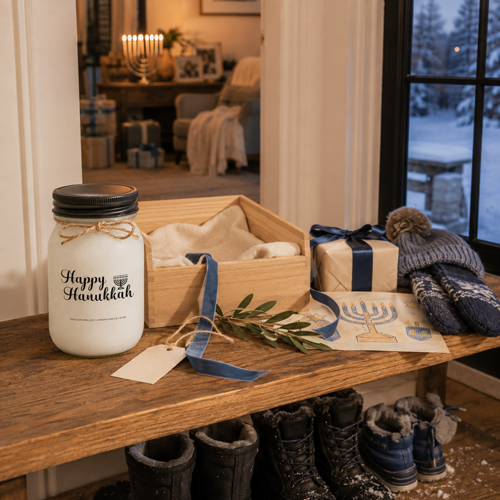 KINDMOOSE Happy Hanukkah 16 oz candle presented as a thoughtful Hanukkah gift in a warm family entryway with gifts and menorah.