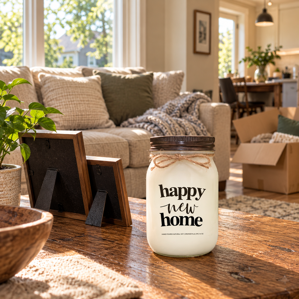 KINDMOOSE Happy New Home candle on a wooden coffee table in a cozy living room with family photo frames and a moving box, celebrating the first days in a new home.