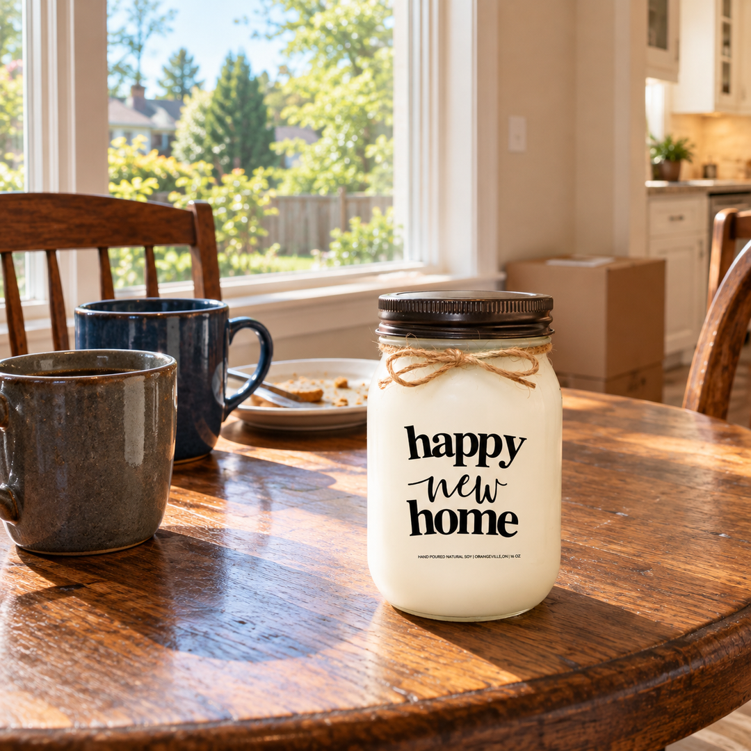 KINDMOOSE Happy New Home candle with distressed bronze lid on a wooden breakfast table with coffee mugs and morning sunlight, celebrating a fresh start in a new home.