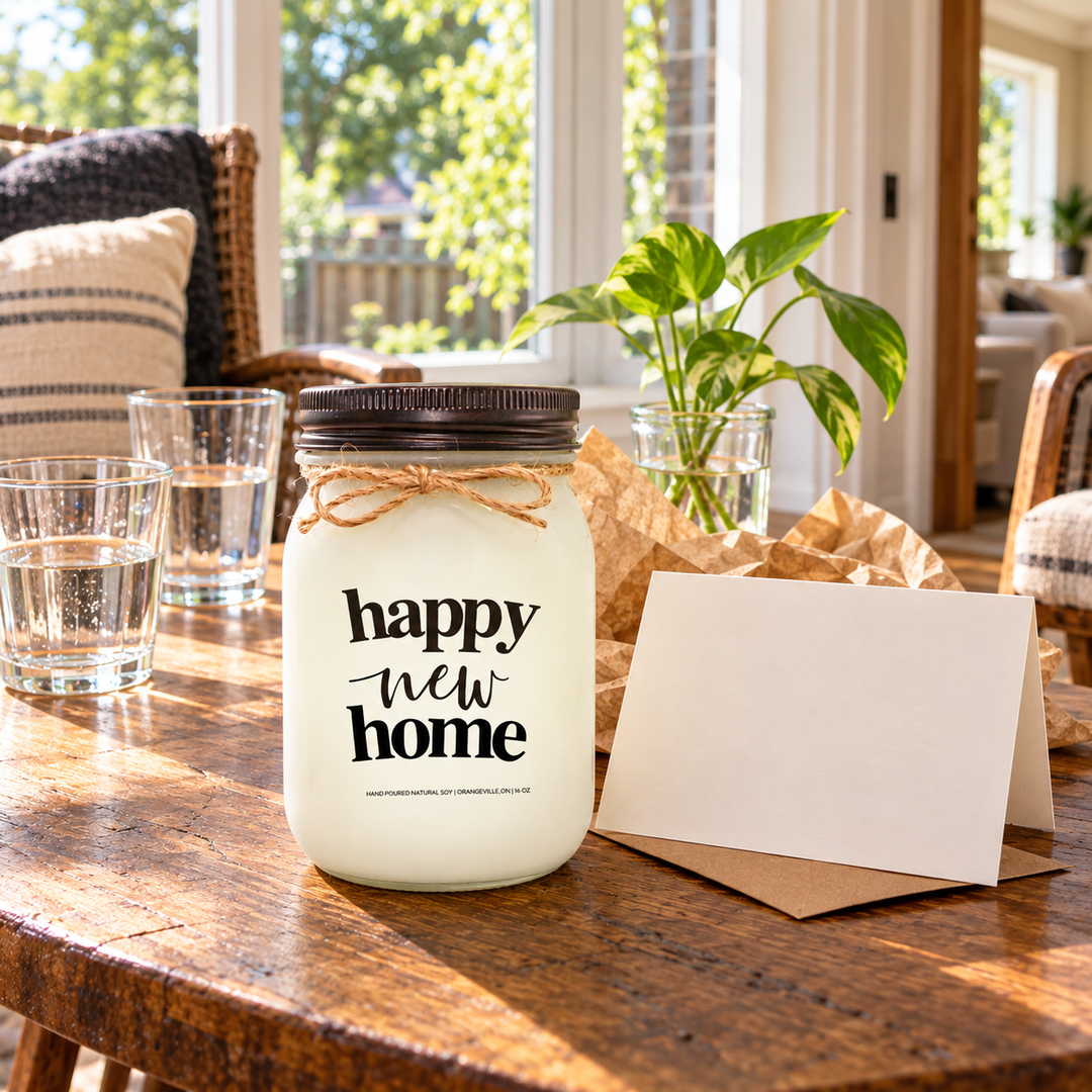 KINDMOOSE Happy New Home 16 oz candle with distressed bronze lid beside a greeting card and kraft envelope in a sunlit room, presented as a thoughtful housewarming gift.