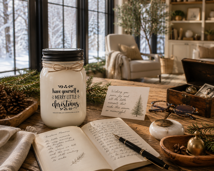 Have Yourself a Merry Little Christmas KINDMOOSE soy candle with a black lid on a reclaimed white oak writing desk beside a handwritten Christmas journal, fountain pen, holiday card, reading glasses, keepsake box, cedar sprigs, and pinecones inside a bright luxury farmhouse sunroom reading nook.