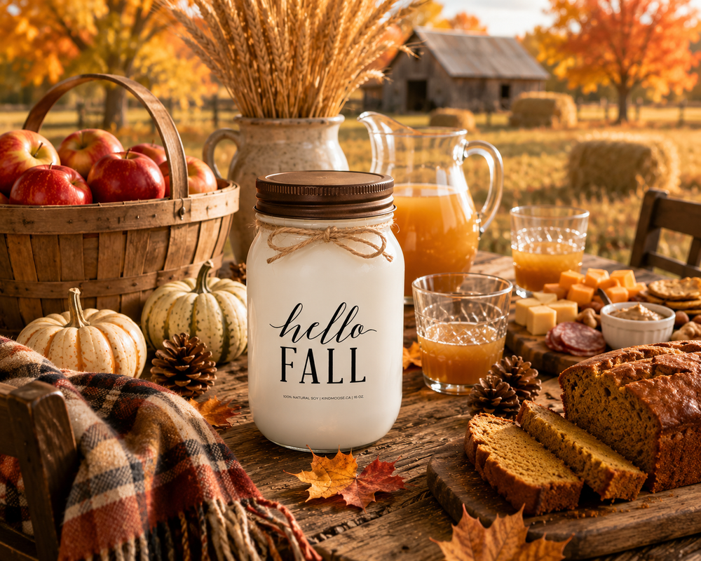 HELLO FALL soy candle with distressed bronze lid styled on a rustic farmhouse table beside freshly picked apples, apple cider, pumpkin loaf, seasonal snacks, pumpkins, pinecones, and wheat stems. The inviting autumn gathering scene captures the warmth of harvest season, cozy traditions, and time spent with family and friends.