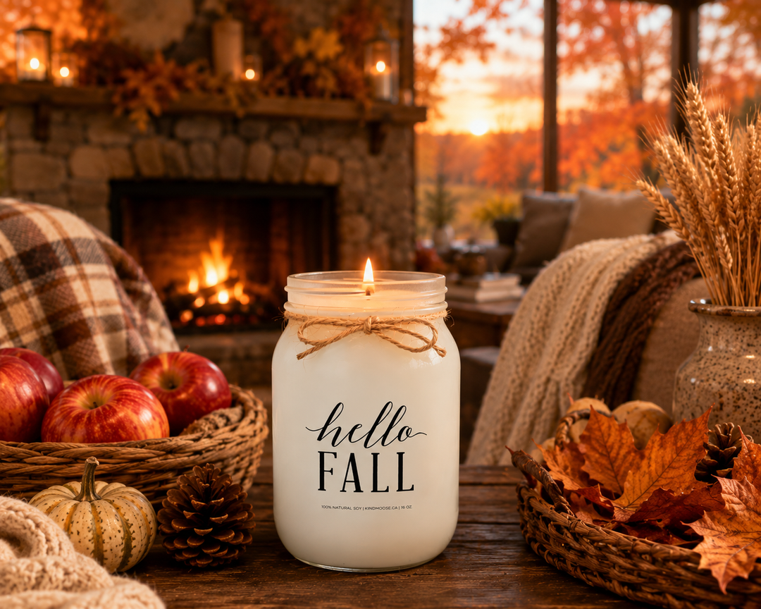 Burning HELLO FALL soy candle in a cozy farmhouse living room featuring a stone fireplace, basket of apples, plaid blanket, pumpkins, pinecones, wheat stems, and autumn décor. The warm evening scene celebrates crisp fall days, changing leaves, and the comforting traditions that make autumn such a beloved season.