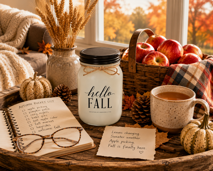 HELLO FALL soy candle displayed beside an autumn journal, reading glasses, apple cider, plaid scarf, freshly picked apples, pumpkins, pinecones, and seasonal décor. Bathed in warm afternoon sunlight, the scene reflects the simple pleasures of fall and the joy of embracing every cozy autumn tradition.