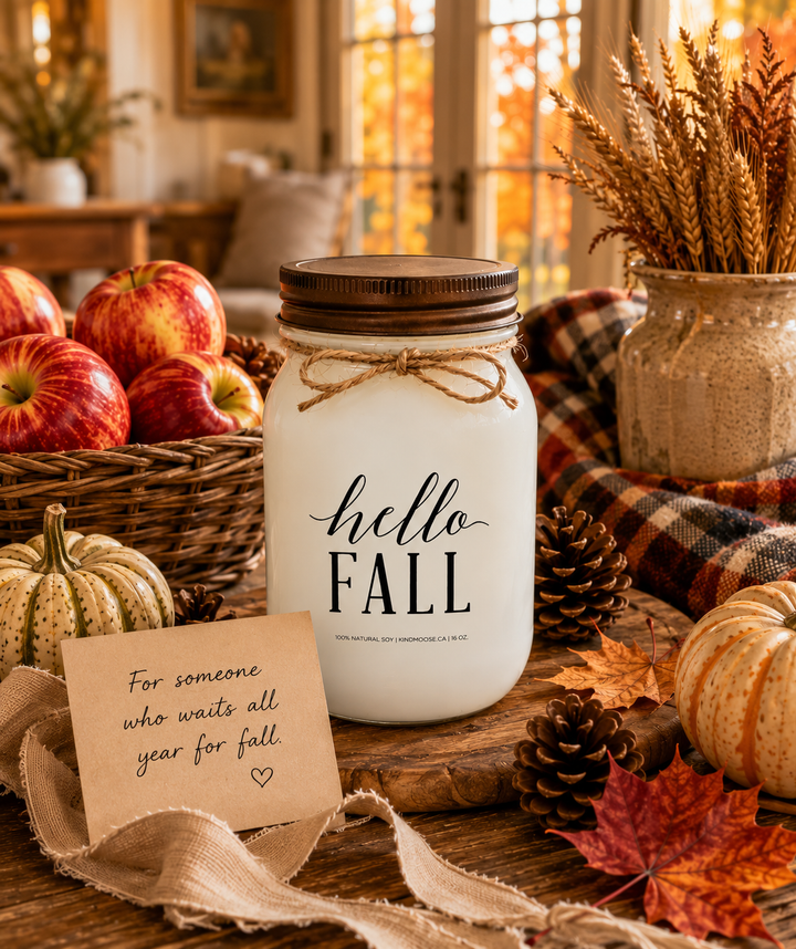 HELLO FALL soy candle with distressed bronze lid styled as a thoughtful autumn gift on a farmhouse entry table. Surrounded by colourful leaves, apples, pumpkins, wheat stems, woven textures, and a handwritten card, the scene celebrates harvest season, cozy traditions, and the excitement of welcoming fall.