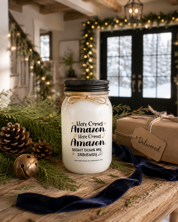 HERE COMES AMAZON, HERE COMES AMAZON, RIGHT DOWN MY DRIVEWAY Christmas candle displayed on a reclaimed white oak entryway console inside a luxury Canadian modern farmhouse, surrounded by cedar branches, pinecones, a navy velvet ribbon, a kraft parcel with a "Delivered" tag, and warm Christmas décor with softly falling snow visible outside.
