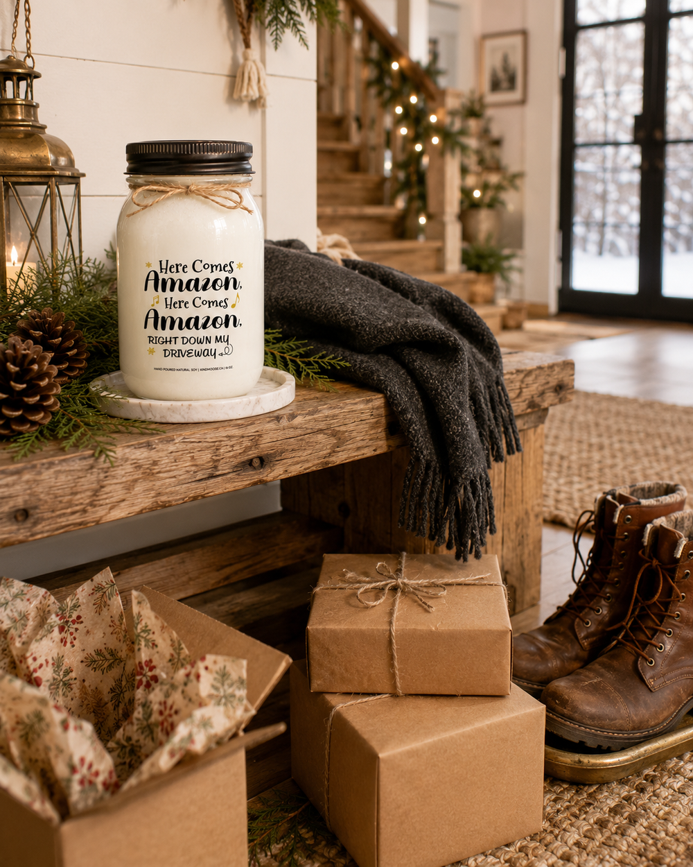 HERE COMES AMAZON, HERE COMES AMAZON, RIGHT DOWN MY DRIVEWAY candle styled on a reclaimed white oak entry bench beside holiday delivery boxes, winter boots, a brass lantern, cedar branches, and pinecones inside a cozy Canadian farmhouse foyer, capturing the excitement of Christmas packages arriving home.