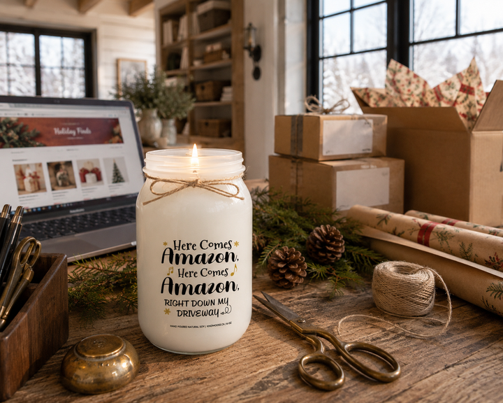 HERE COMES AMAZON, HERE COMES AMAZON, RIGHT DOWN MY DRIVEWAY candle burning on a reclaimed white oak home office desk beside holiday shipping boxes, wrapping supplies, cedar sprigs, and a laptop in a bright luxury Canadian farmhouse office overlooking fresh snowfall.