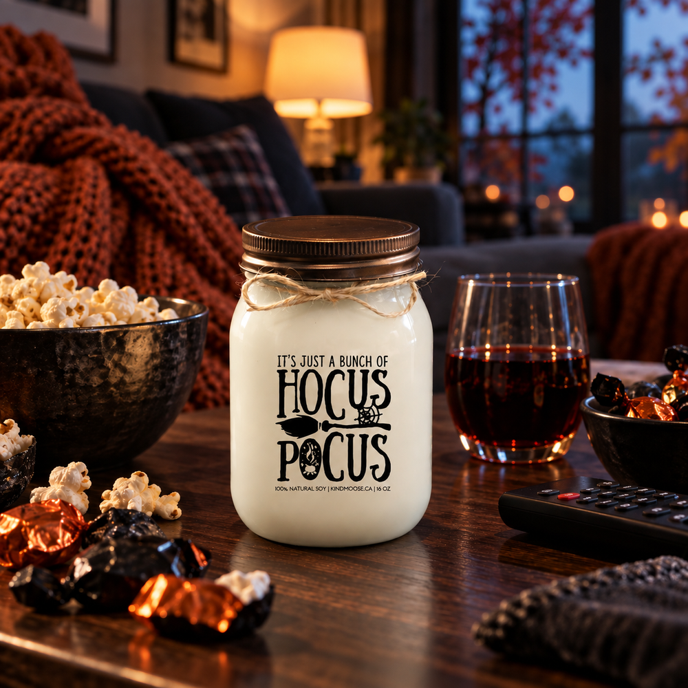 KINDMOOSE It’s Just a Bunch of Hocus Pocus 16 oz soy candle with distressed bronze lid styled for a cozy Halloween movie night with popcorn, treats and a warm fall living room.