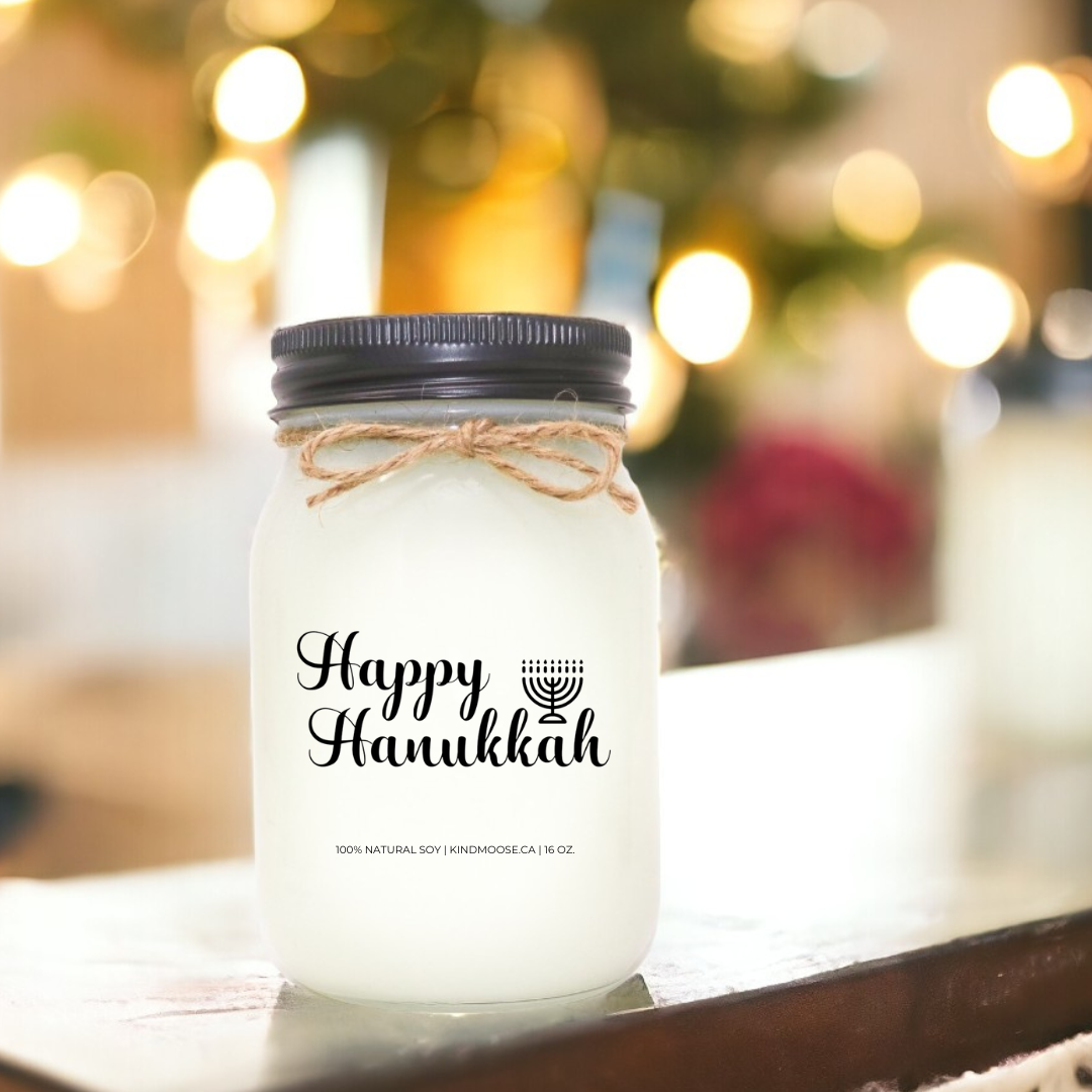 Happy Hanukkah Candle - 16 oz - Mason Jar - Black Lid
