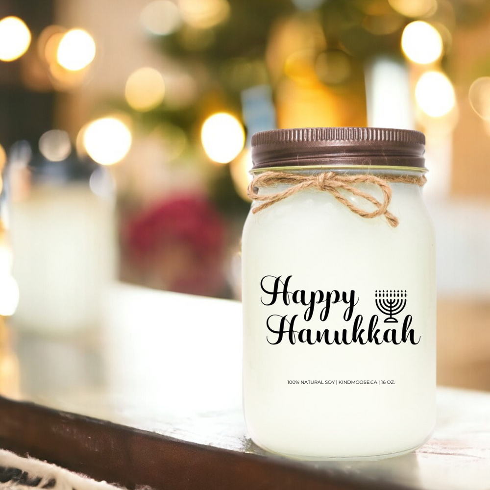 Happy Hanukkah Candle - 16 oz - Mason Jar - Brown Lid