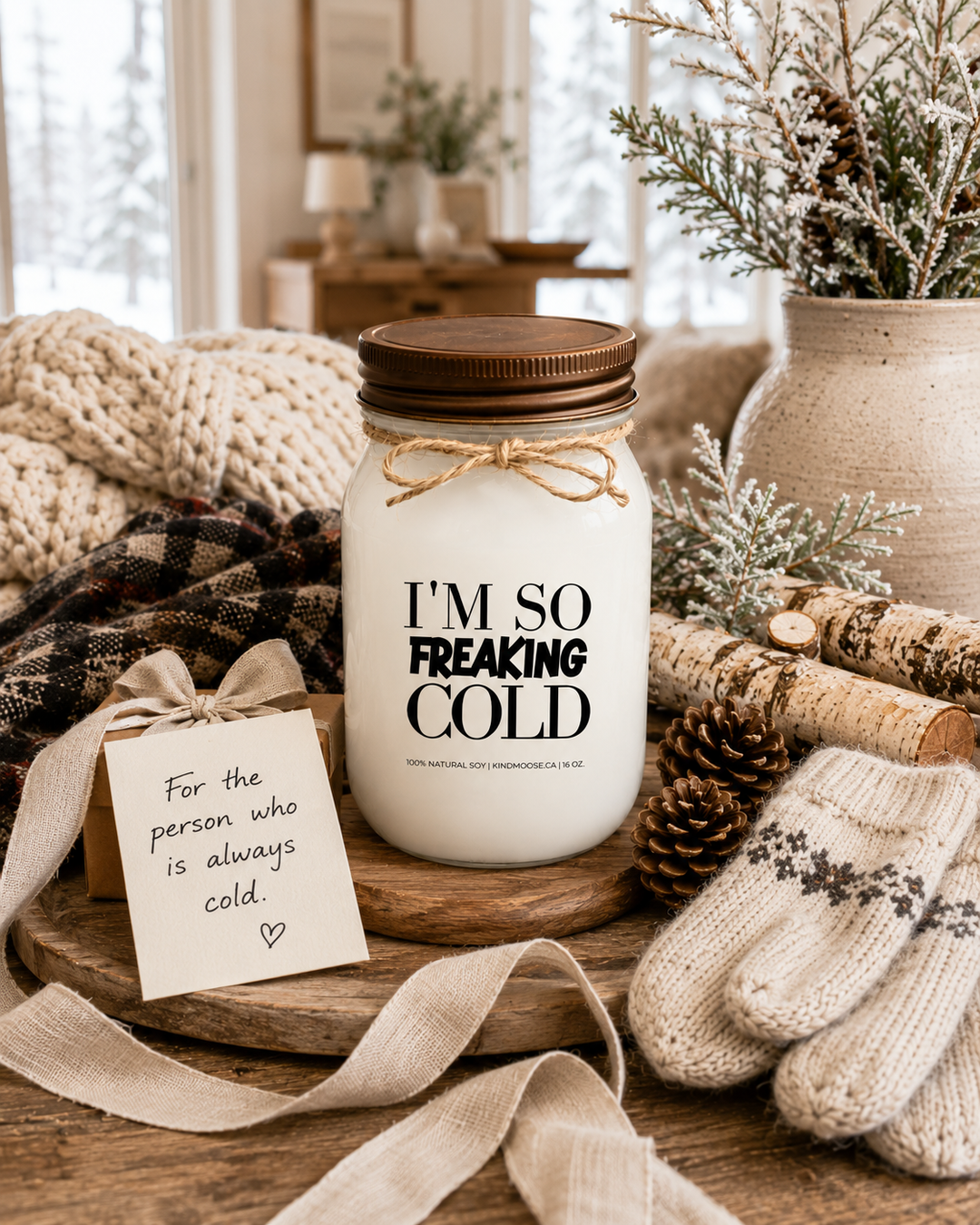 I’M SO FREAKING COLD soy candle with distressed bronze lid displayed as a thoughtful winter gift on a farmhouse entry table. Surrounded by knit mittens, a cozy blanket, pinecones, birch accents, frosted greenery, and a handwritten gift card, the scene celebrates warmth, comfort, and gifting with a sense of humor during the coldest months of the year.