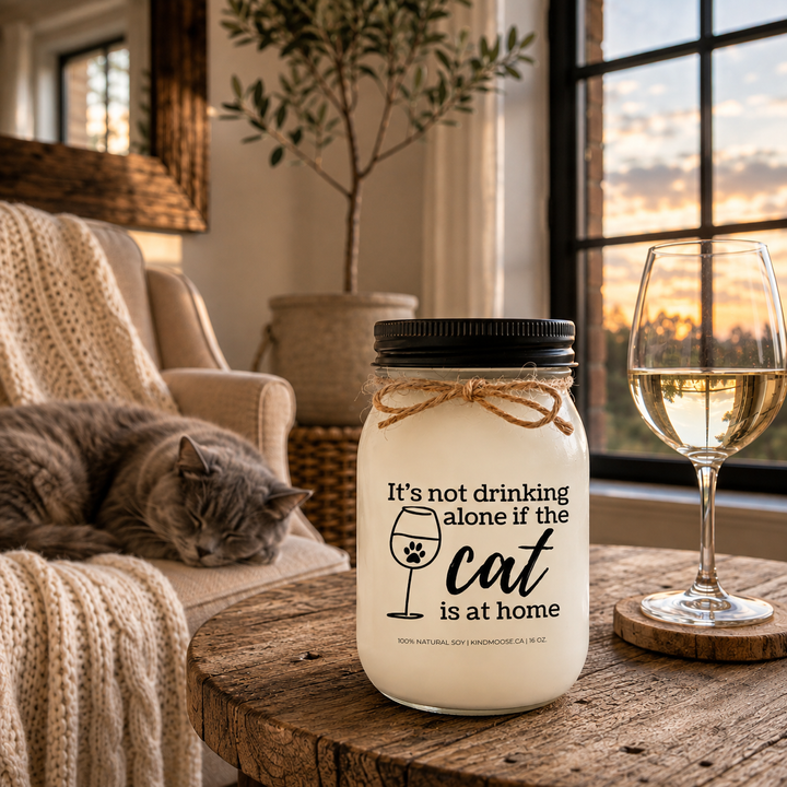 KINDMOOSE 16 oz frosted white mason jar candle with a black lid featuring the humorous “It’s Not Drinking Alone If The Cat Is Home” label, displayed on a cozy modern farmhouse side table with a sleeping gray cat and a glass of white wine in the softly blurred background.