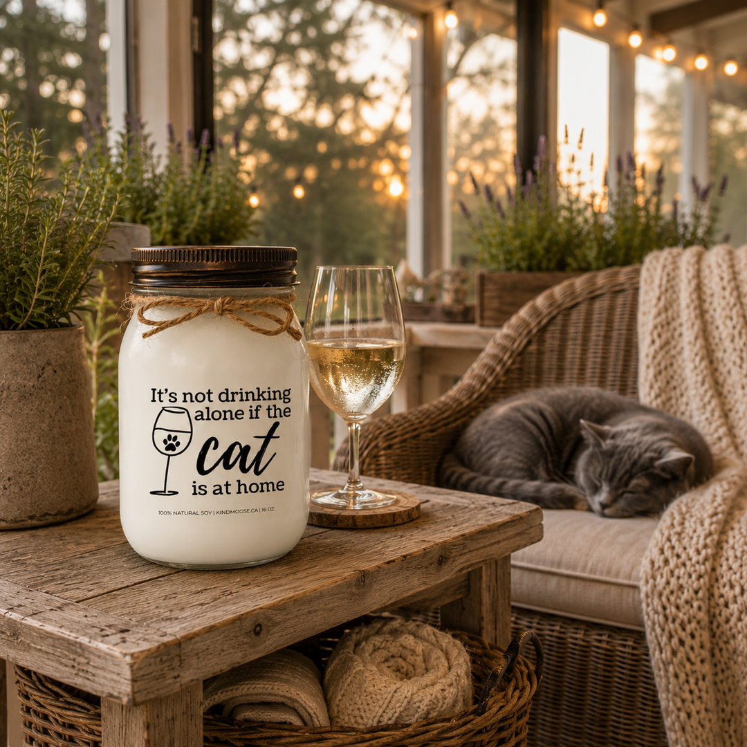 KINDMOOSE 16 oz frosted white mason jar candle with a distressed bronze lid displayed on a screened farmhouse porch beside a glass of white wine while a gray cat naps nearby, capturing a peaceful summer evening shared with a beloved feline companion.