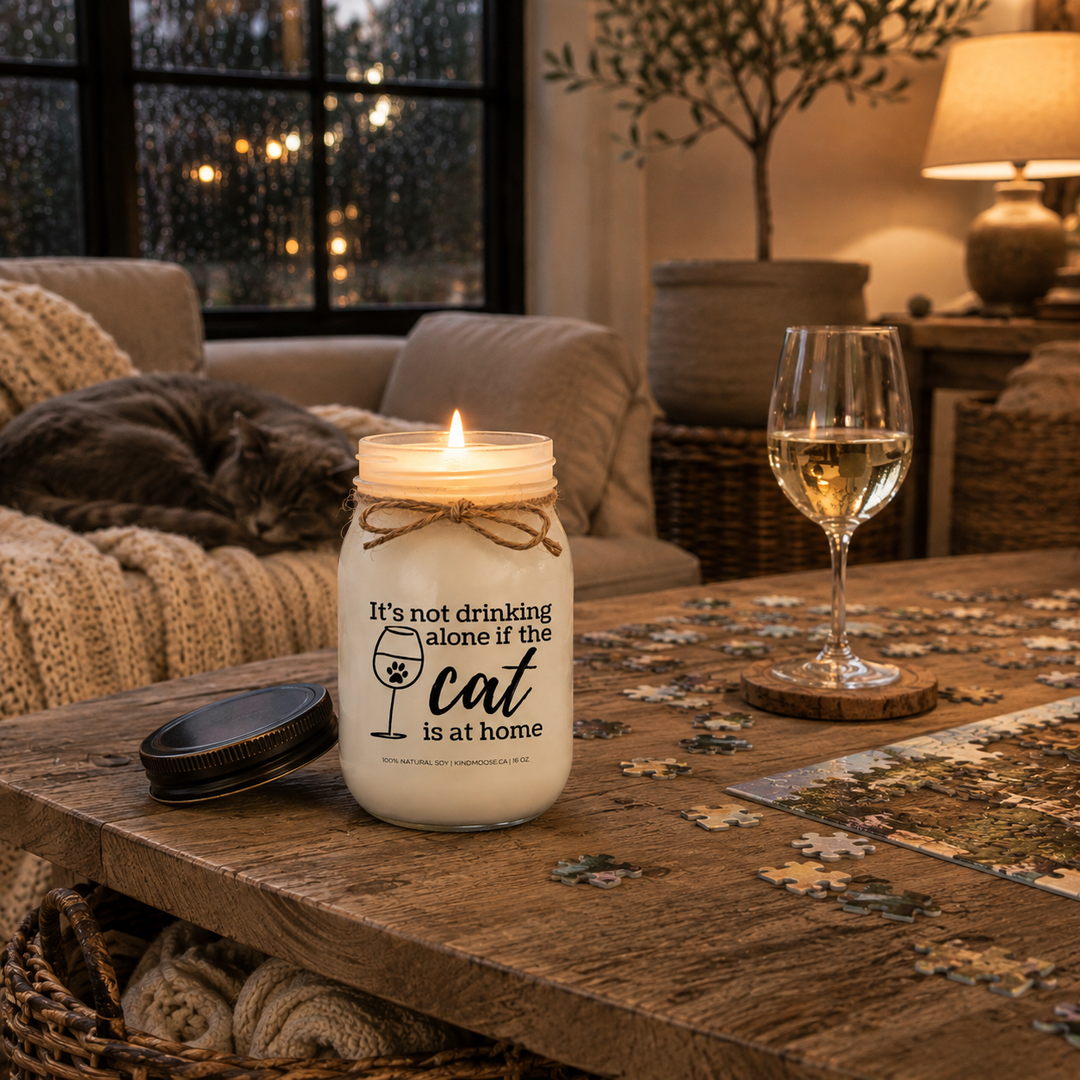 KINDMOOSE burning 16 oz frosted white mason jar candle with the distressed bronze lid resting beside it on a rustic coffee table with a jigsaw puzzle, white wine and a sleeping gray cat, creating a warm rainy-night atmosphere for cat lovers.