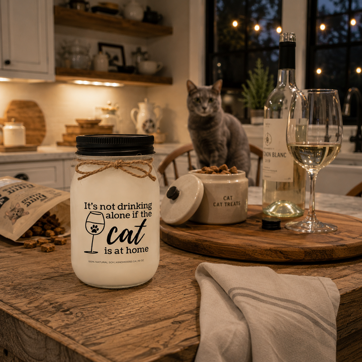 KINDMOOSE 16 oz frosted white mason jar candle with a black lid displayed on a modern farmhouse kitchen island beside a glass of white wine and cat treats while a curious gray cat watches from a nearby stool, celebrating cozy evenings at home.