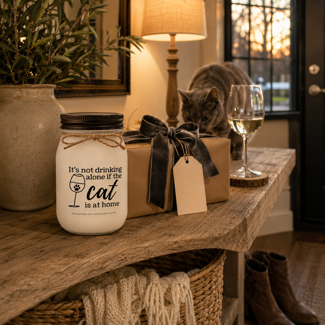 KINDMOOSE 16 oz frosted white mason jar candle with a distressed bronze lid presented as a thoughtful gift beside a wrapped present with a blank gift tag, a glass of white wine and a curious gray cat, capturing the warmth of gifting a fellow cat lover.