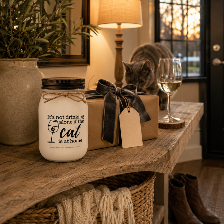 KINDMOOSE 16 oz frosted white mason jar candle with a distressed bronze lid presented as a thoughtful gift beside a wrapped present with a blank gift tag, a glass of white wine and a curious gray cat, capturing the warmth of gifting a fellow cat lover.