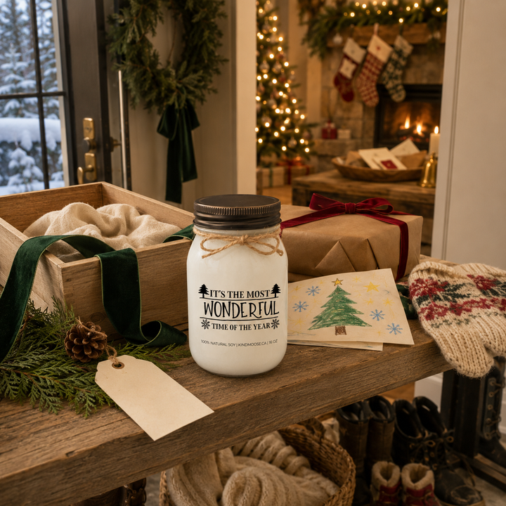 KINDMOOSE It’s the Most Wonderful Time of the Year candle on a farmhouse dining table being prepared for a family Christmas dinner.