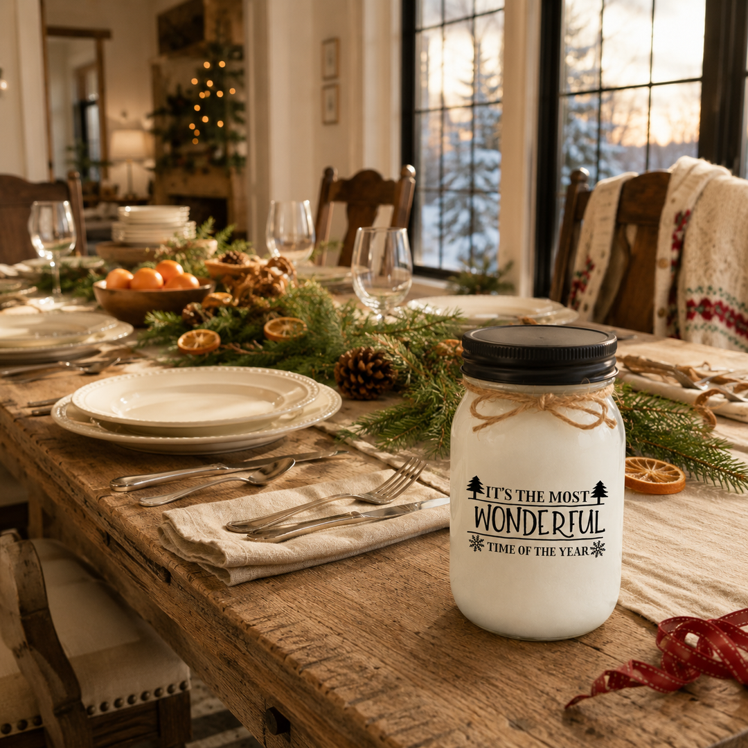 KINDMOOSE It’s the Most Wonderful Time of the Year candle presented as a Christmas hostess gift in a warm family farmhouse entryway.