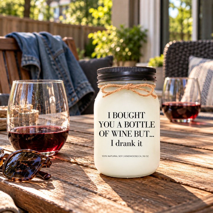 KINDMOOSE funny wine candle on a backyard patio table with two wine glasses, outdoor chairs and a denim jacket, capturing a relaxed afternoon with friends.