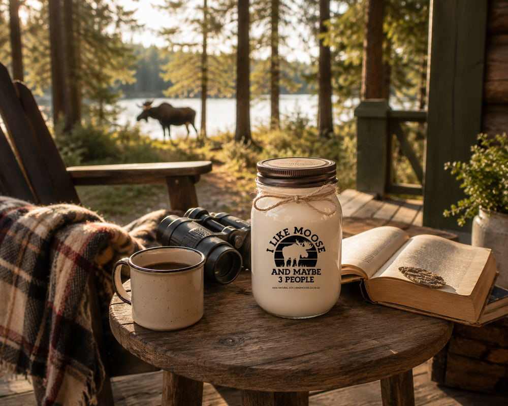 I Like Moose And Maybe 3 People candle with bronze lid on a cozy cottage porch beside coffee, binoculars, a novel, and a plaid blanket overlooking the forest on a quiet morning.