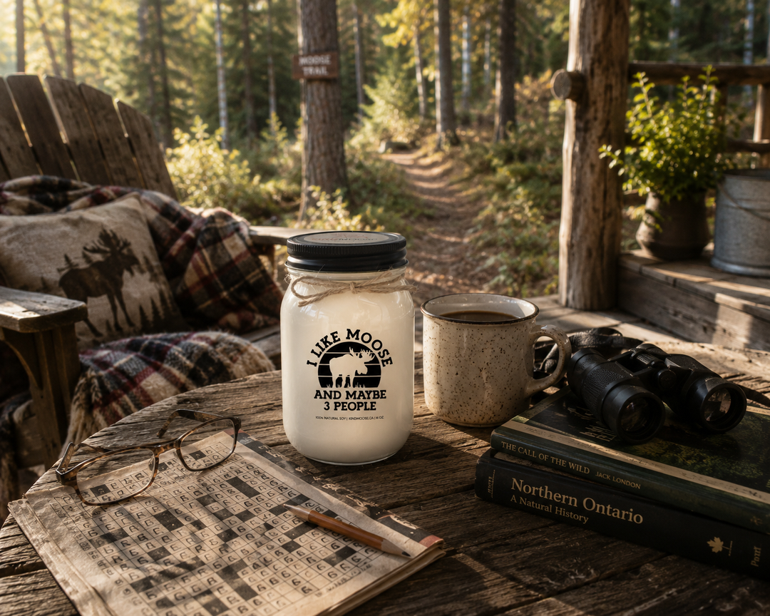 I Like Moose And Maybe 3 People candle with black lid on a rustic cottage porch beside reading glasses, a crossword puzzle, books, binoculars, and coffee overlooking a forest setting.