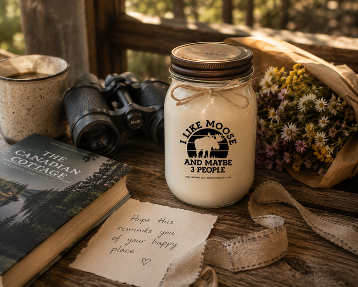 I Like Moose And Maybe 3 People candle with bronze lid styled as a thoughtful cottage gift beside a handwritten note, cottage guidebook, wildflowers, binoculars, and linen ribbon on a rustic wood table.