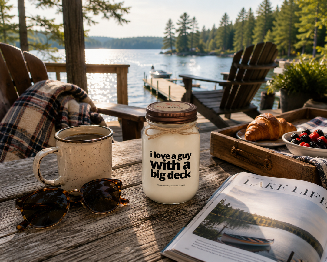 I Love A Guy With A Big Deck candle with distressed bronze lid on a cottage deck beside coffee, sunglasses, a lake magazine, breakfast tray, and cozy blanket overlooking a sparkling lake.