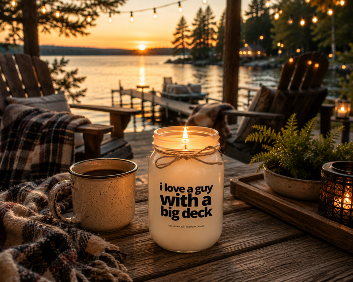 Burning I Love A Guy With A Big Deck candle in a frosted white mason jar on a lakeside cottage deck surrounded by string lights, Muskoka chairs, blankets, and a sunset lake view.