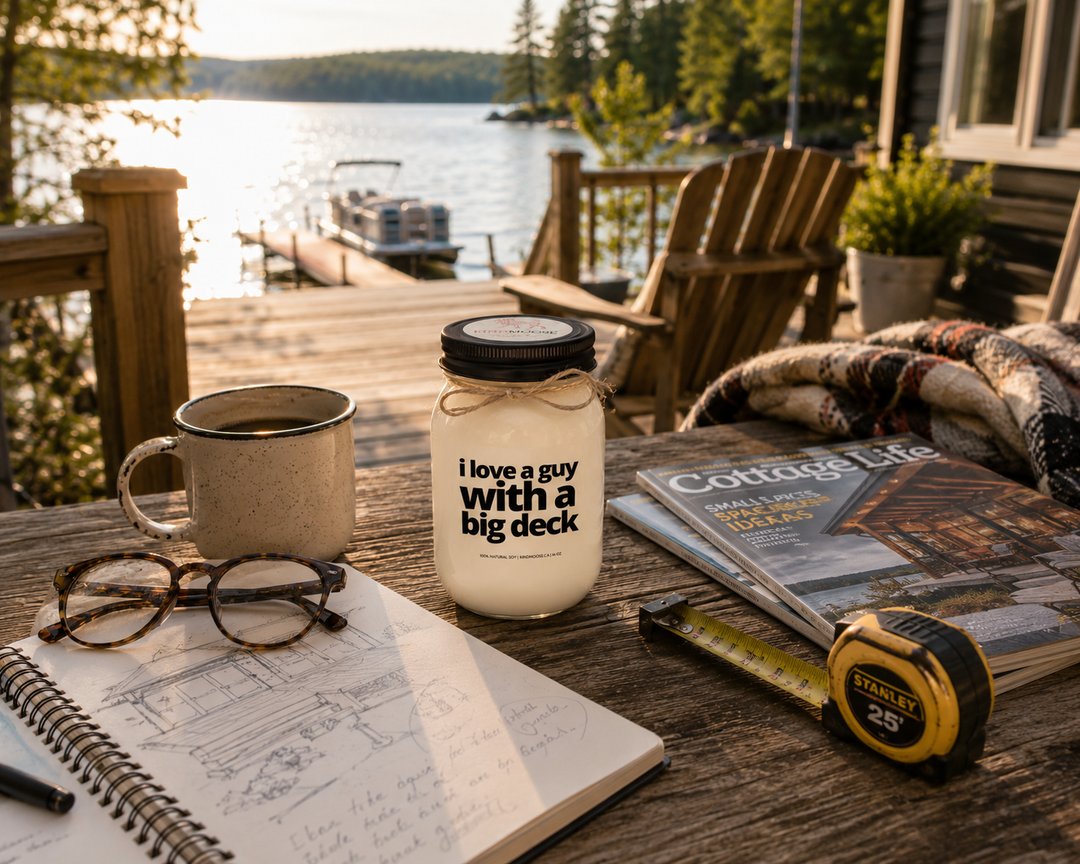 I Love A Guy With A Big Deck candle with black lid on a rustic cottage deck beside deck sketches, a tape measure, reading glasses, coffee, and cottage magazines overlooking the lake.