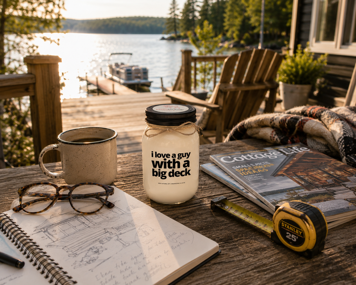 I Love A Guy With A Big Deck candle with black lid on a rustic cottage deck beside deck sketches, a tape measure, reading glasses, coffee, and cottage magazines overlooking the lake.
