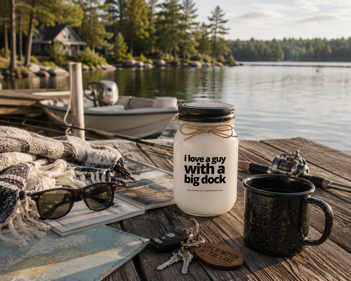 I Love A Guy With A Big Dock candle on a rustic dock with fishing gear, coffee, cottage magazine, lake map, and relaxing waterfront scenery.