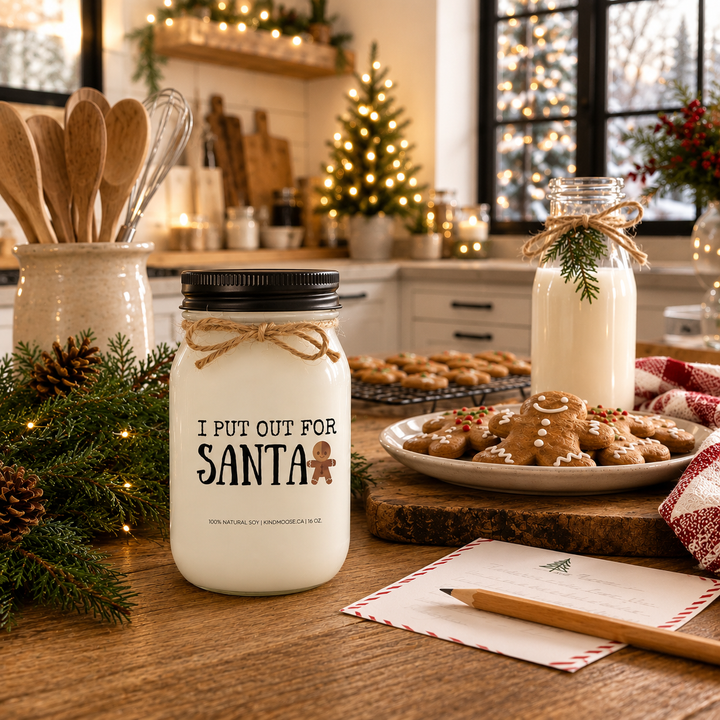 KINDMOOSE "I Put Out for Santa" 16 oz frosted white soy candle with a black lid displayed on a farmhouse kitchen island beside gingerbread cookies, a bottle of milk and a letter to Santa during Christmas Eve preparations.