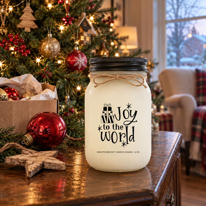 KINDMOOSE Joy to the World 16 oz Christmas soy candle with black lid beside a decorated family Christmas tree, traditional ornaments and warm holiday lights.