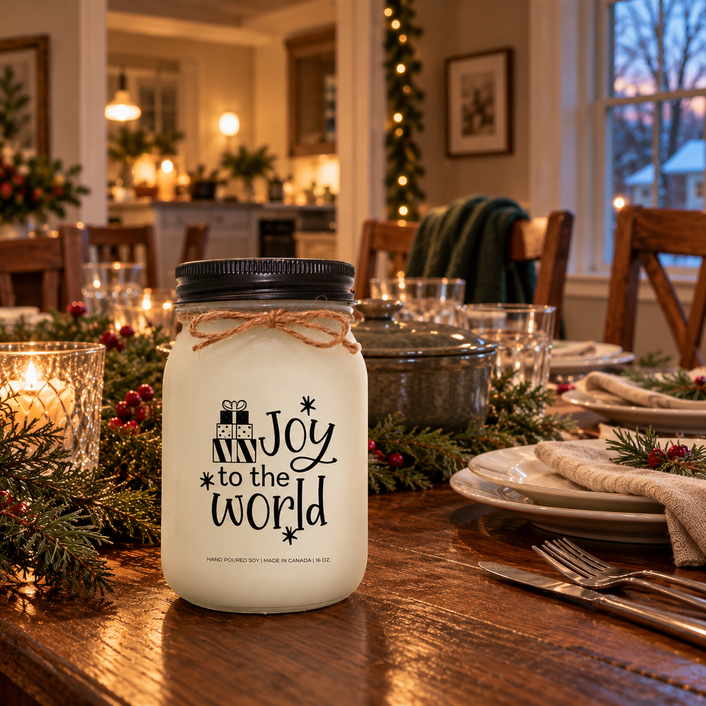 KINDMOOSE Joy to the World 16 oz Christmas candle on a family dining table set for Christmas dinner, with festive greenery and a welcoming holiday atmosphere.