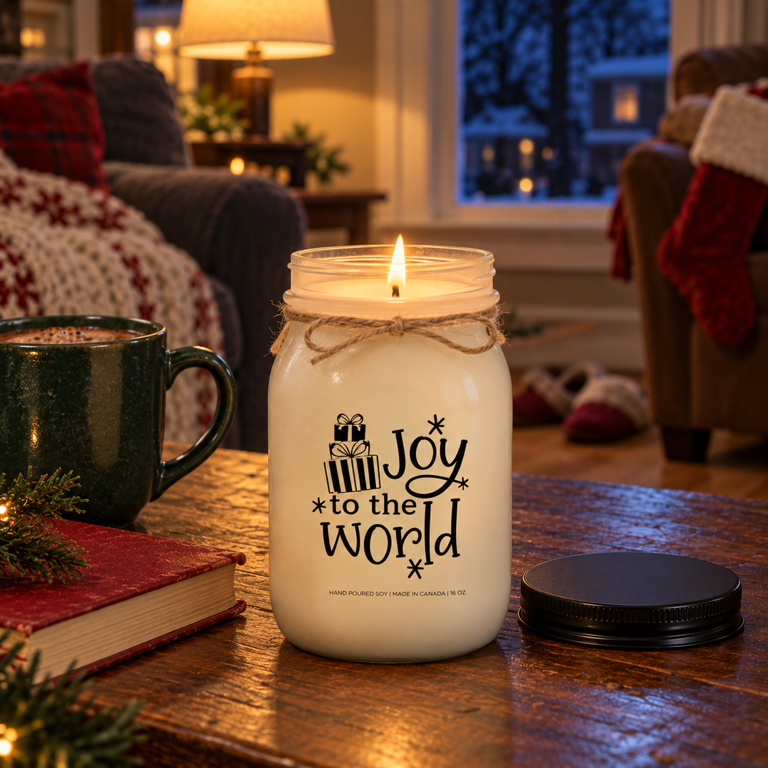 KINDMOOSE Joy to the World 16 oz soy candle burning on a wooden table during Christmas Eve, beside hot chocolate and cherished family Christmas keepsakes. 