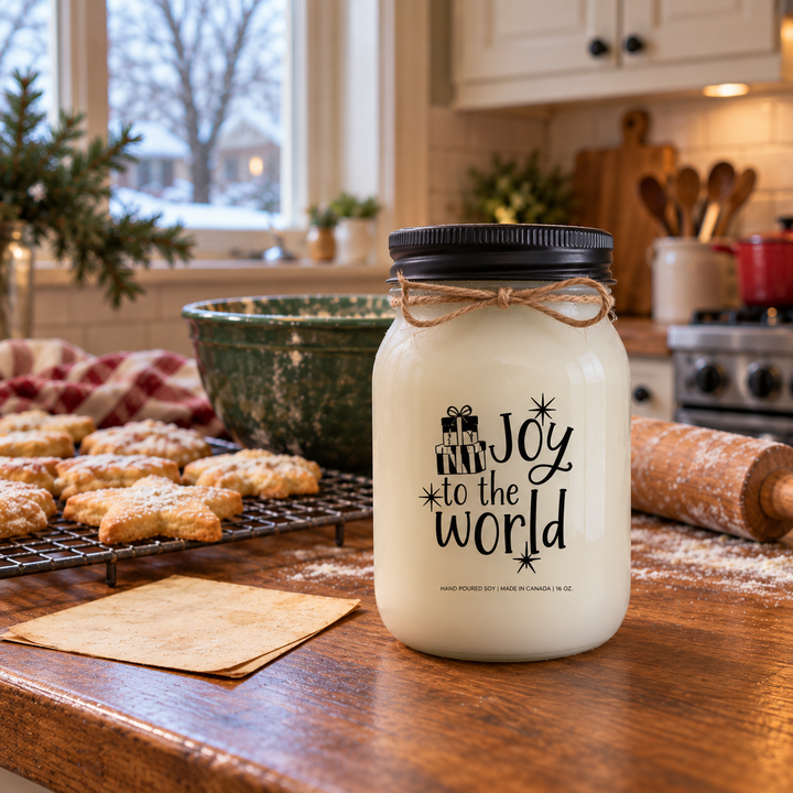 KINDMOOSE Joy to the World 16 oz Christmas candle in a cozy family kitchen beside homemade Christmas cookies, a mixing bowl and a traditional rolling pin.
