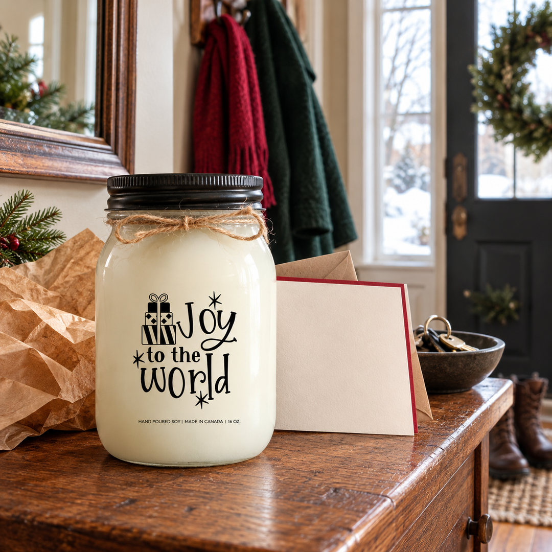 KINDMOOSE Joy to the World 16 oz Christmas candle with black lid, presented as a thoughtful holiday gift beside a greeting card and kraft envelope in a welcoming home entryway.