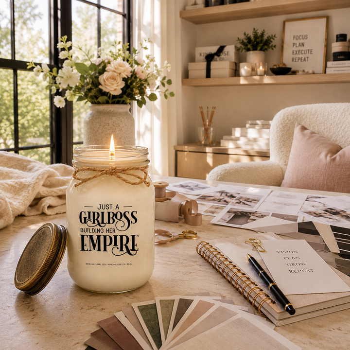 KINDMOOSE Just A Girlboss Building Her Empire frosted soy candle burning in a sophisticated home office with sunrise streaming through large black-framed windows.