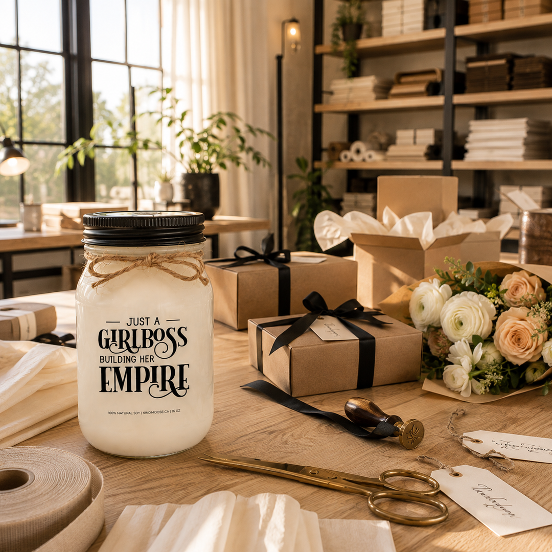 KINDMOOSE Just A Girlboss Building Her Empire soy candle in a premium packing studio surrounded by gift boxes, ribbon and beautiful packaging materials.