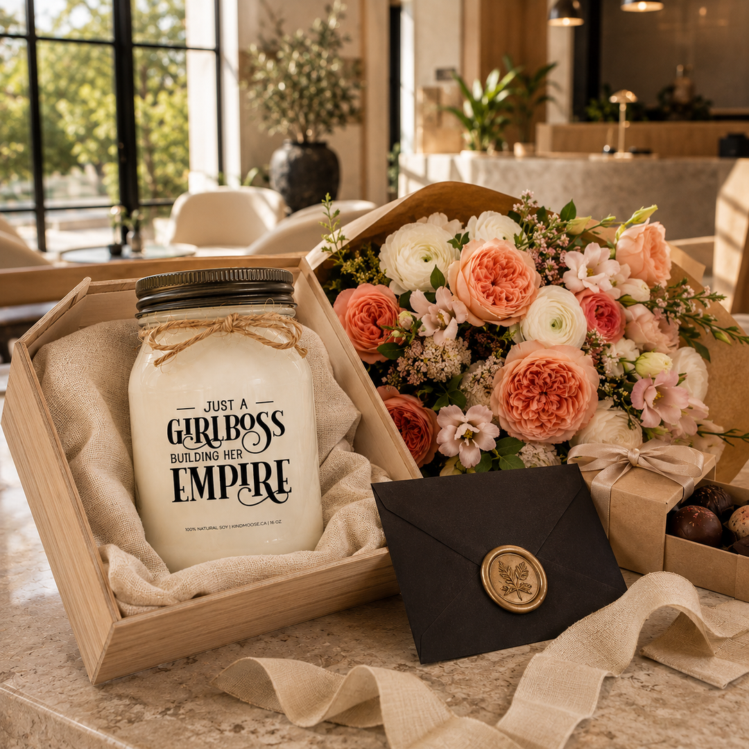 KINDMOOSE Just A Girlboss Building Her Empire frosted soy candle presented in a luxury white oak gift box with fresh flowers and thoughtful gift accents.