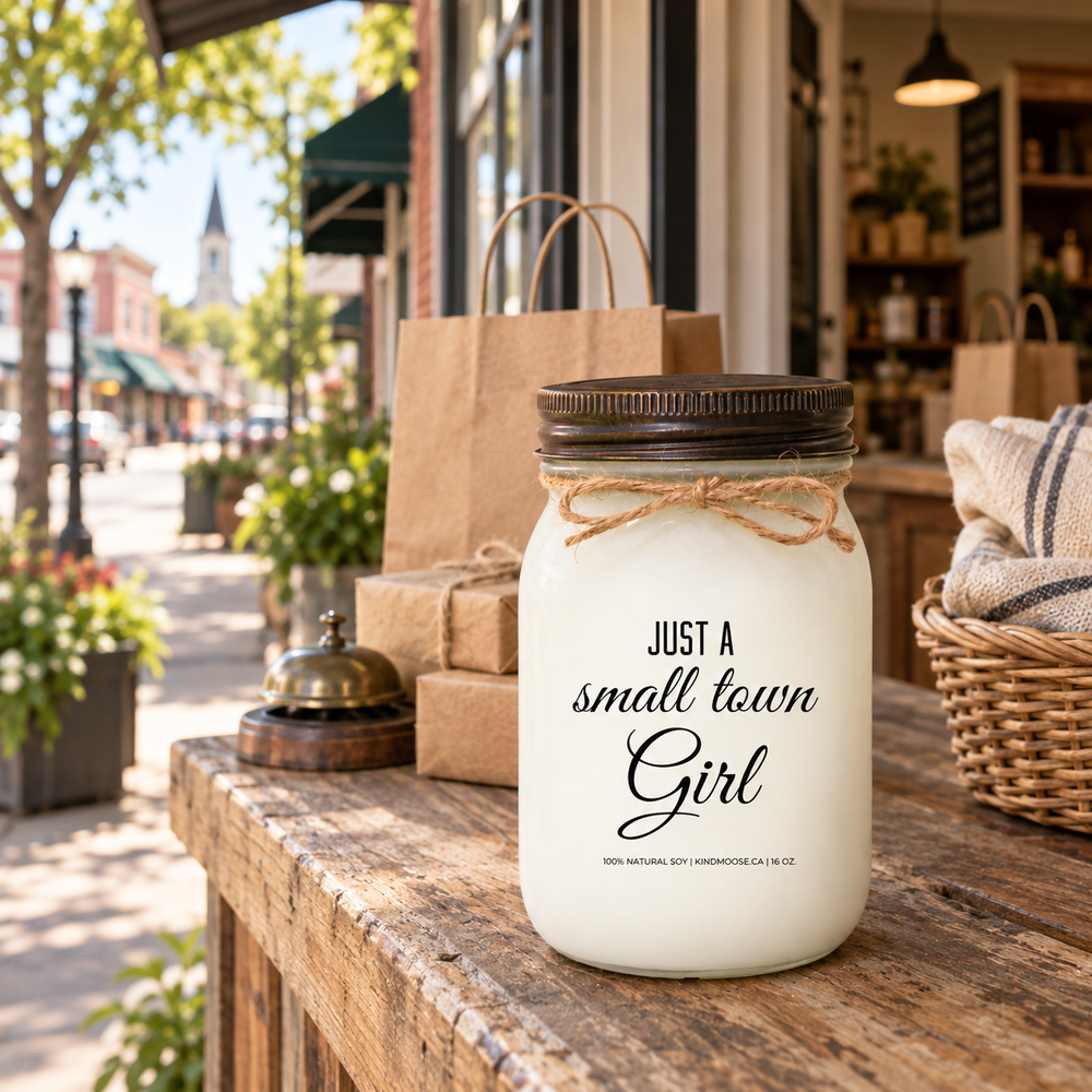 Just a Small Town Girl KINDMOOSE 16 oz candle with distressed bronze lid in a warm small-town lifestyle setting celebrating hometown roots.