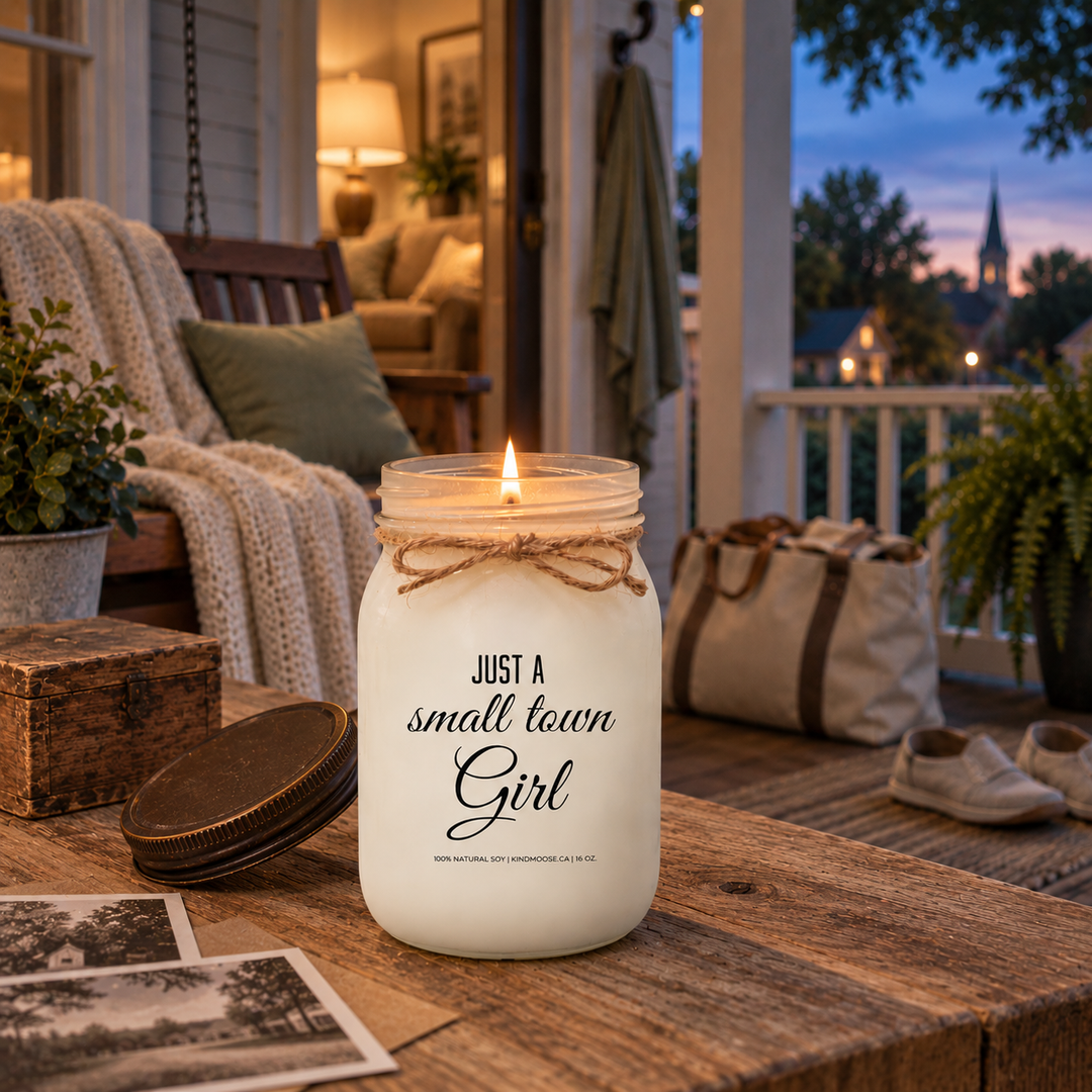 Burning Just a Small Town Girl KINDMOOSE 16 oz candle with a single flame in a peaceful evening setting inspired by small-town life.