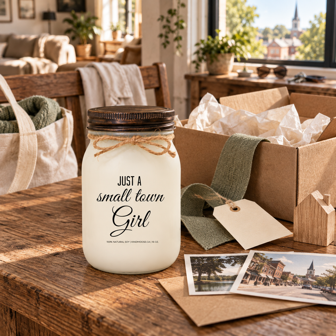 Just a Small Town Girl KINDMOOSE 16 oz candle with distressed bronze lid beside an open gift box and nostalgic small-town photographs.